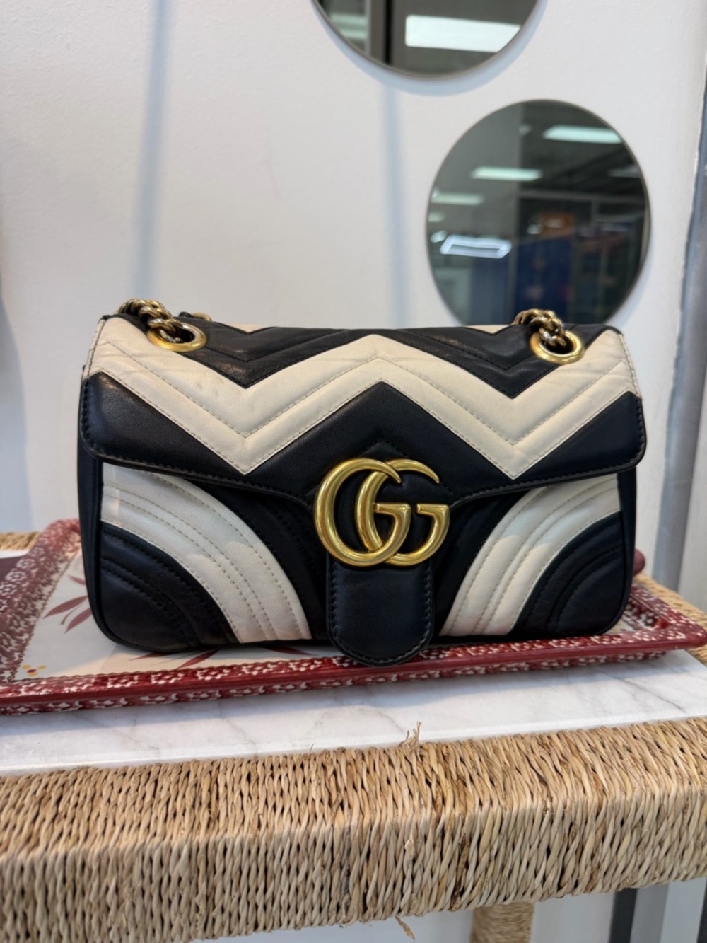 Gucci Calfskin Matelasse Medium GG Marmont Shoulder Bag Black White